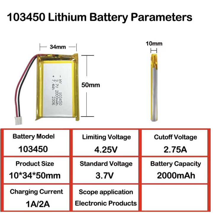 Battery rechargeable lipo akku 3.7v 1800mah 2000mah 103450 accumulator Li-polymer helicoptere