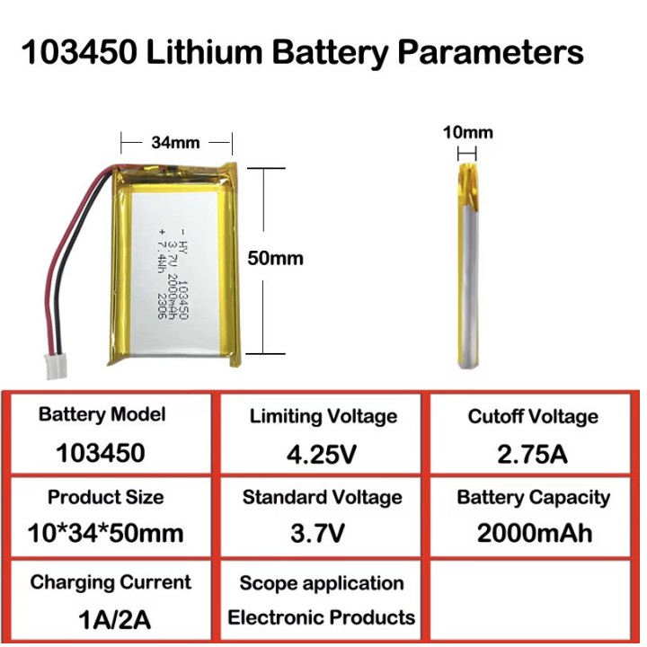 Batería recargable lipo akku 3,7v 1800mah 2000mah 103450 acumulador accu Li-polímero helicóptero