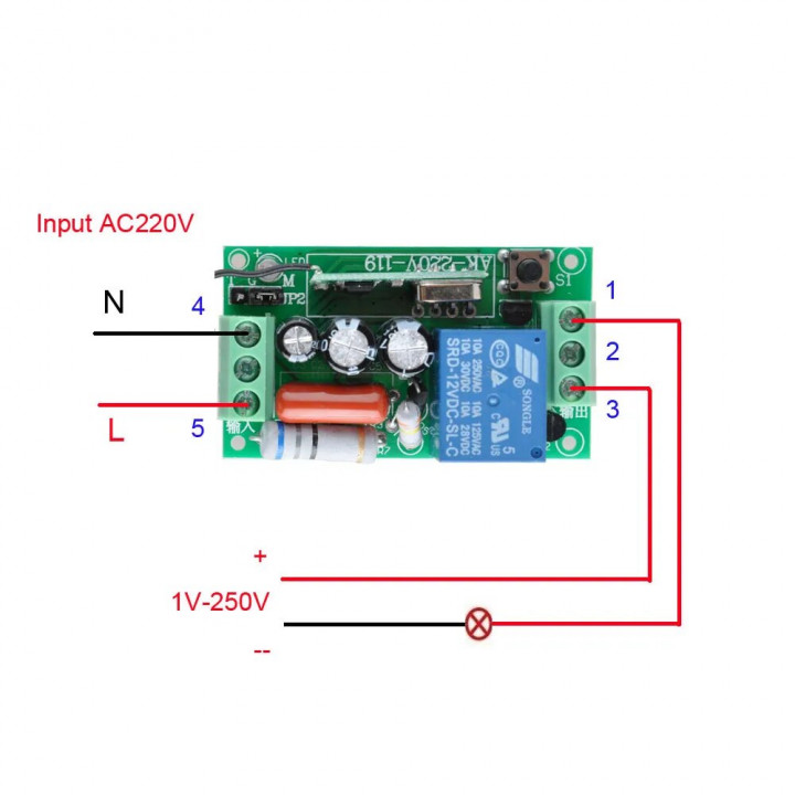 Modulo ricevitore relè ac interruttore 220v 433mhz 1ch con 2 telecomando wireless rf433mhz