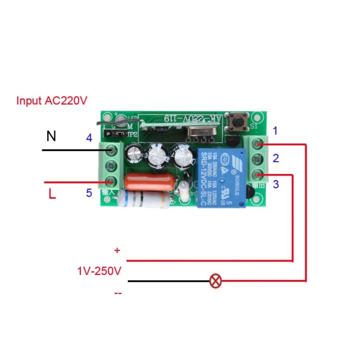 Modulo ricevitore relè ac interruttore 220v 433mhz 1ch con 2 telecomando wireless rf433mhz