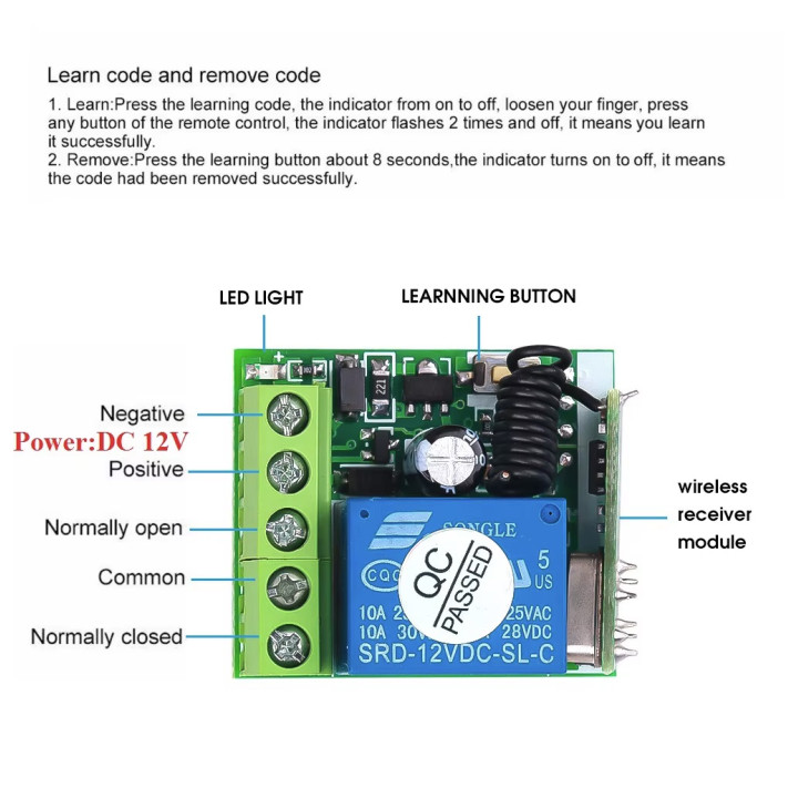 copy of 1 Channel 12V Wireless Relay Light Switch System Receiver + 2 Remote Control