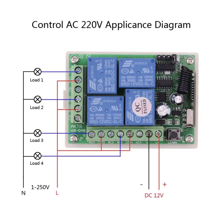 Ricevitore radio rolling code 12v 4 canali + 2 telecomandi 4 canali Interruttore luce Relè 433Mhz