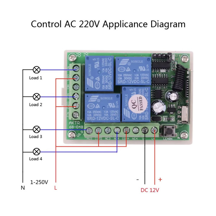 12v 4ch rolling code radio receiver + 3 remote controls 4 channels Switch Light Relay 433Mhz