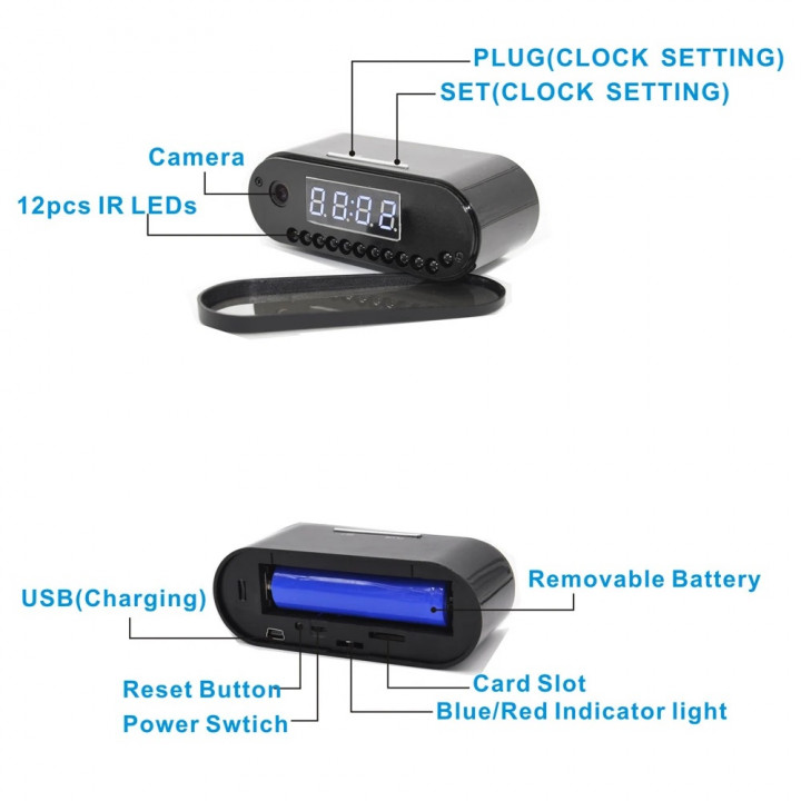 1080P wireless camera clock WIFI rechargeable camcorder night vision motion detection sd