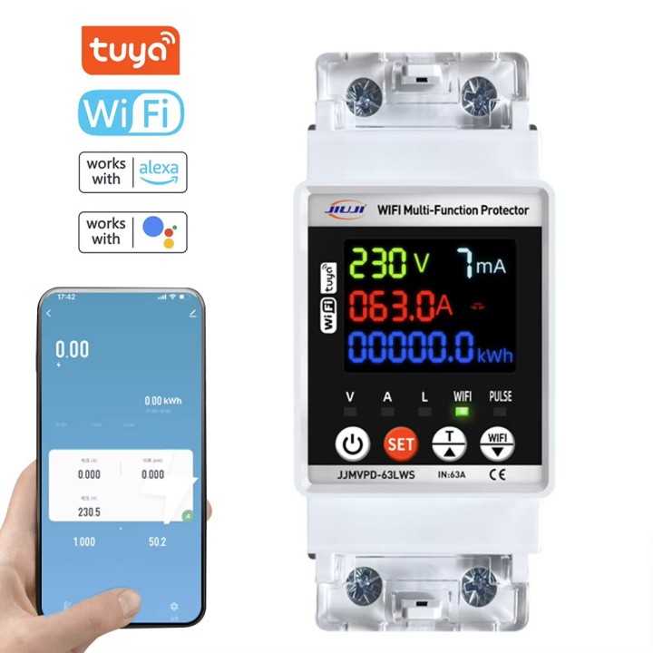 Tuya smart life wifi energy meter overload overcurrent protection 63a remote switch 220v
