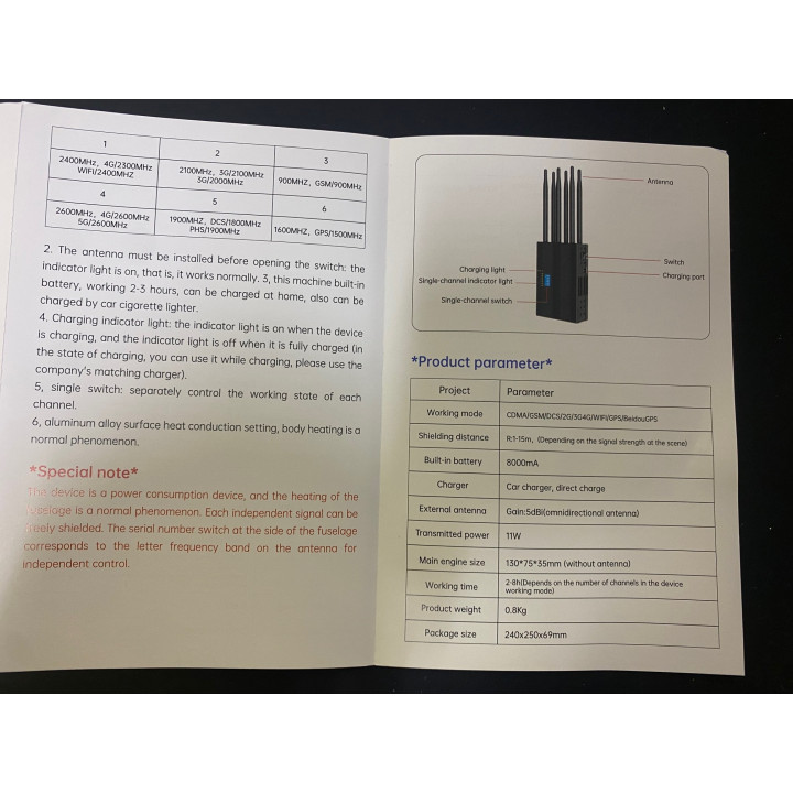 Portable gsm wave jammer 8 antennas blocker 2G 3G 4G WiFi 2.4G 5.8G gps  cdma dcs/pcs gps lte wimax lojack