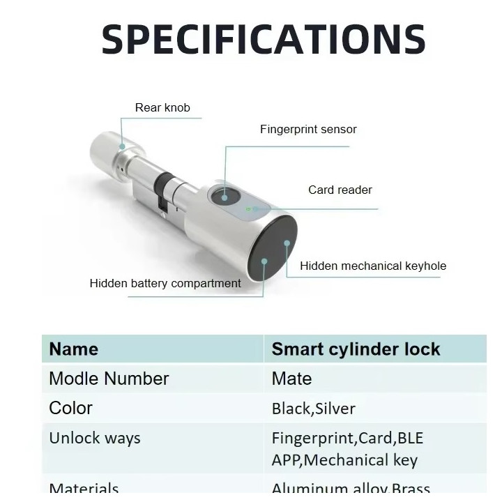 Serrure de porte intelligente gris cylindre tuya wifi bluetooth empreinte digitale 2 tags 13.56mhz