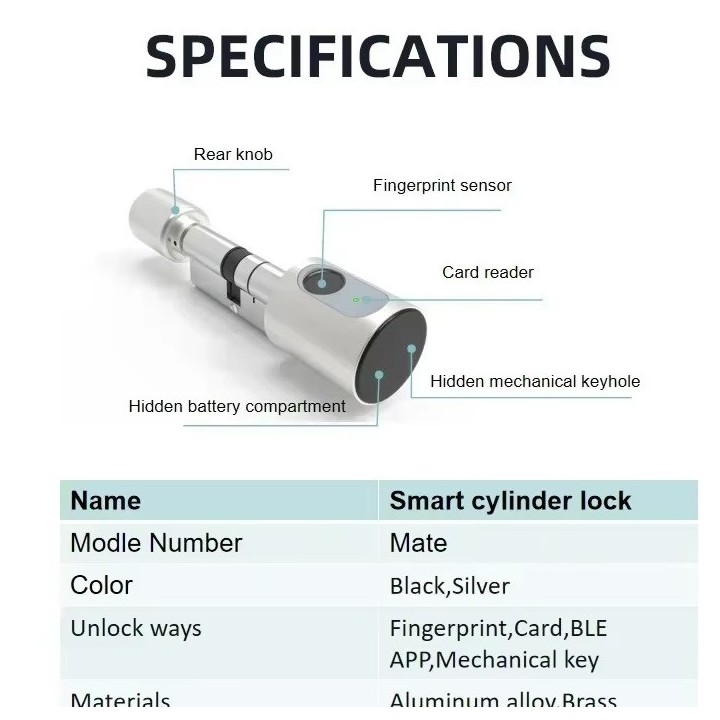 Smart Door Lock Gray Cylinder Tuya Wifi Bluetooth Fingerprint 2 Tags 13.56mhz