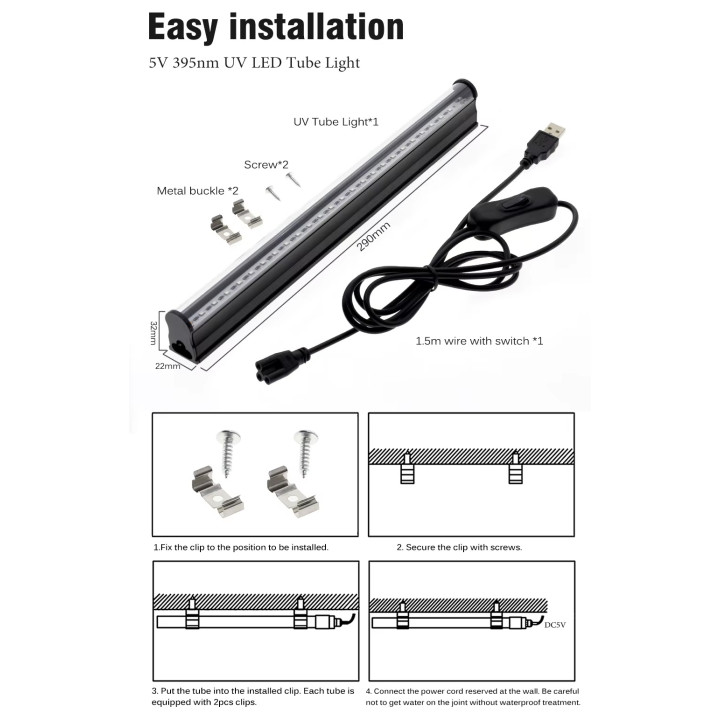 UV tube 24 led 29cm DC 5V 220V black light 395nm ultraviolet with switch party lighting