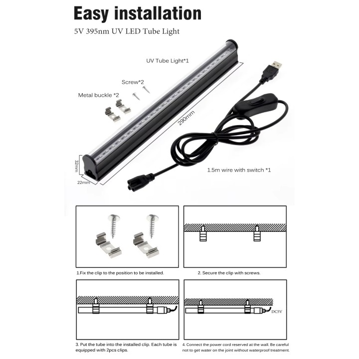 Tubo UV 24 led 29cm DC 5V 220V luce nera 395nm ultravioletta con interruttore illuminazione per feste