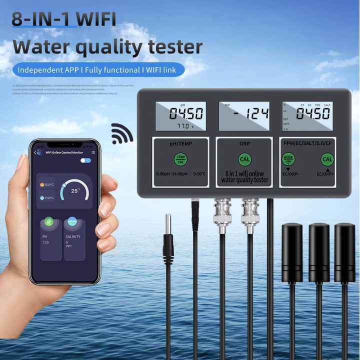 Digital Water Analyzer PH-218 PH EC TDS Salt ORP CF S.G Temperature WiFi Remote Control 8 in 1