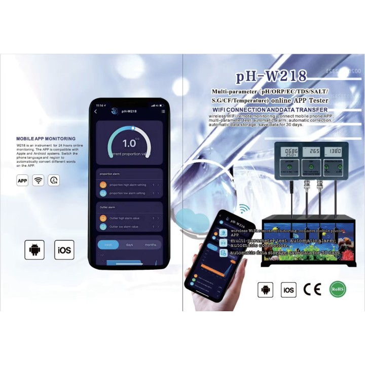Digital Water Analyzer PH-218 PH EC TDS Salt ORP CF S.G Temperature WiFi Remote Control 8 in 1