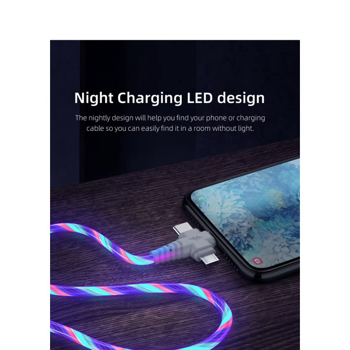 3 in 1 Luminous USB LED Cable for Smartphone Mini USB Type C 8 Pin Cable Development