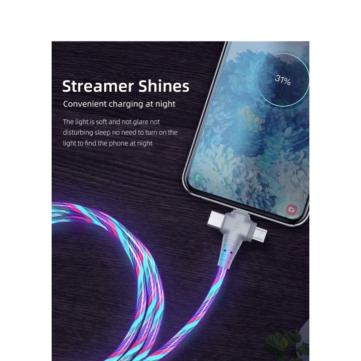 Câble LED USB lumineux 3 en 1 pour smartphone mini USB, type C, câble à 8 broches développement