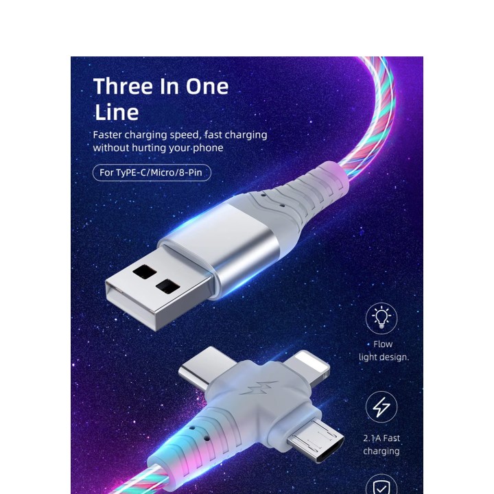 Cable USB LED luminoso 3 en 1 para teléfono inteligente Cable mini USB tipo C de 8 pines