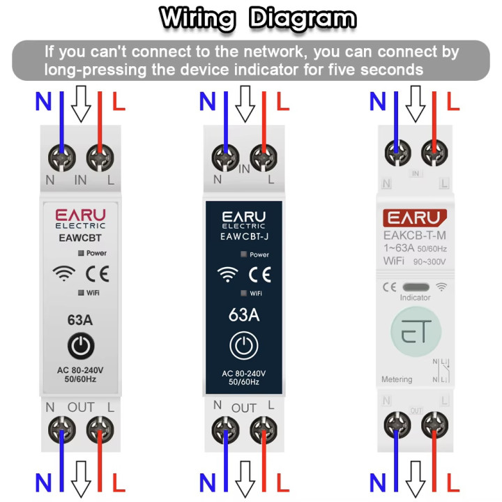Single phase neutral phase circuit breaker 63a wifi tuya connected switch EAWCBT timer 220v
