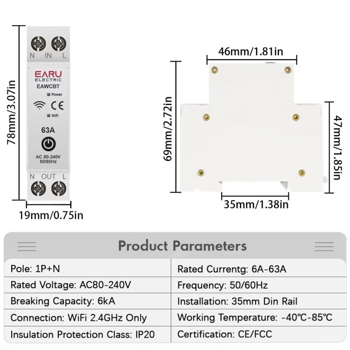 Interruttore automatico monofase neutro fase 63a wifi tuya interruttore connesso EAWCBT timer 220v
