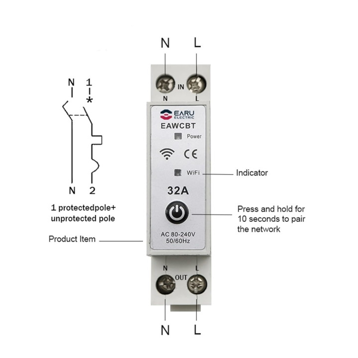Einphasiger Leistungsschalter mit Neutralleiterphase, 32 A, WLAN, Tuya-verbundener Schalter, EAWCBT-Timer, 220 V