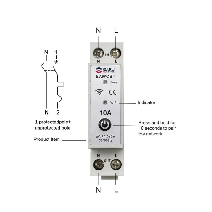 Einphasiger Leistungsschalter mit Neutralleiterphase, 6 A, WLAN, Tuya-verbundener Schalter, EAWCBT-Timer, 220 V