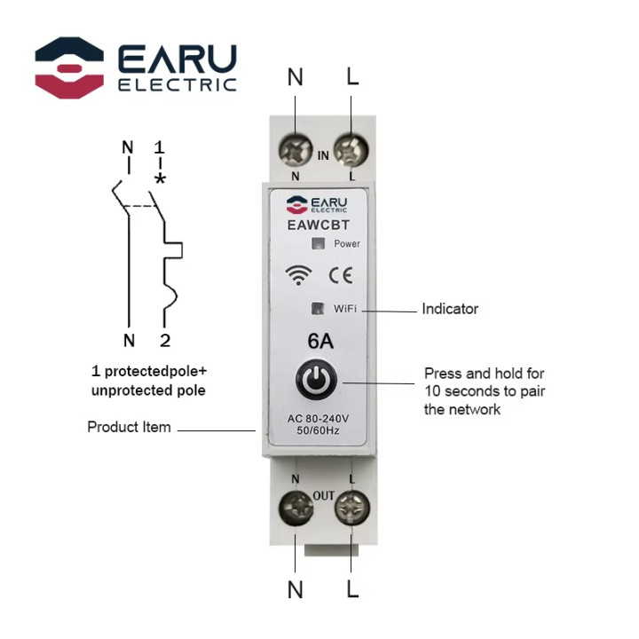 Disyuntor monofásico fase neutra 6a wifi tuya interruptor conectado EAWCBT temporizador 220v