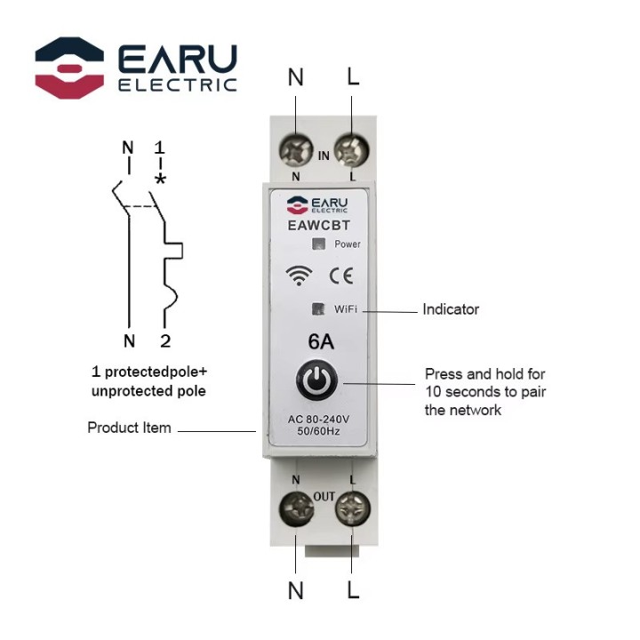 Single phase neutral phase circuit breaker 6a wifi tuya connected switch EAWCBT timer 220v