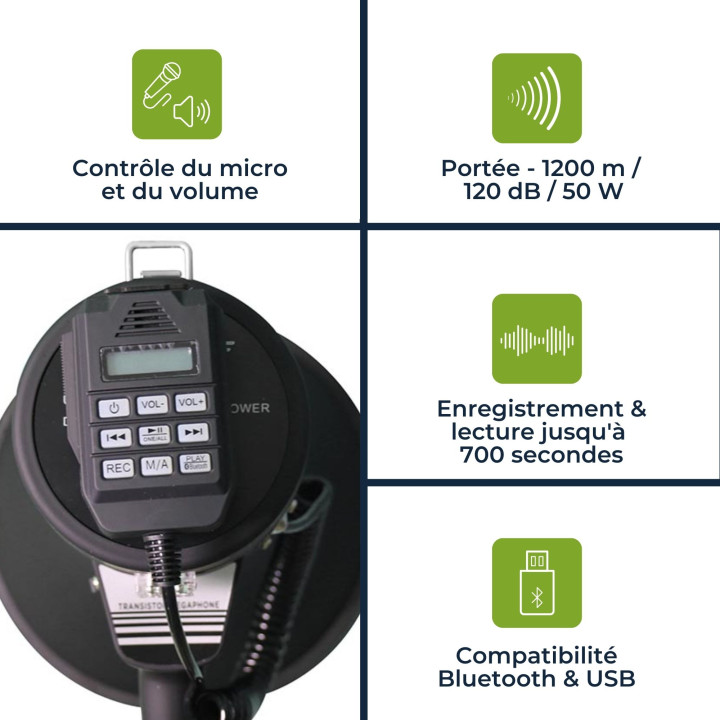 Megaphone 50W sirène intégrée porte voix enregistrement 11 minutes MP66S Bluetooth usb 1200m