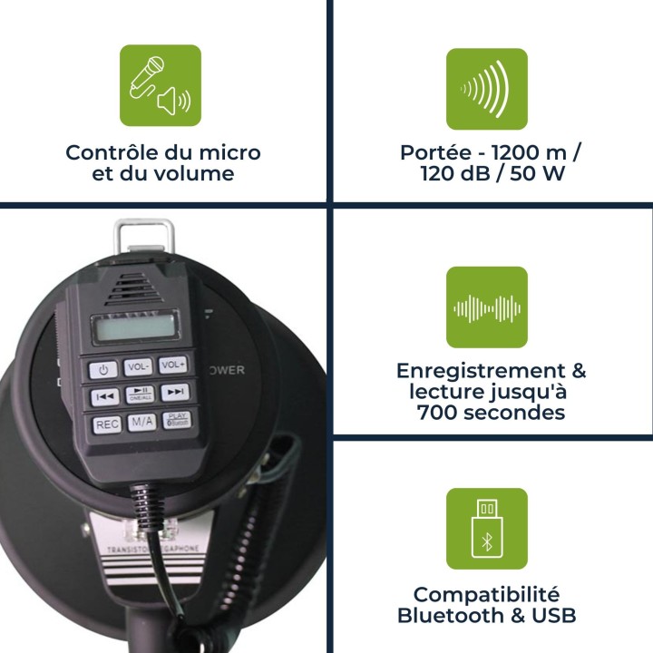 Megafono 50W sirena integrata registratore vocale 11 minuti MP66S Bluetooth usb 1200m