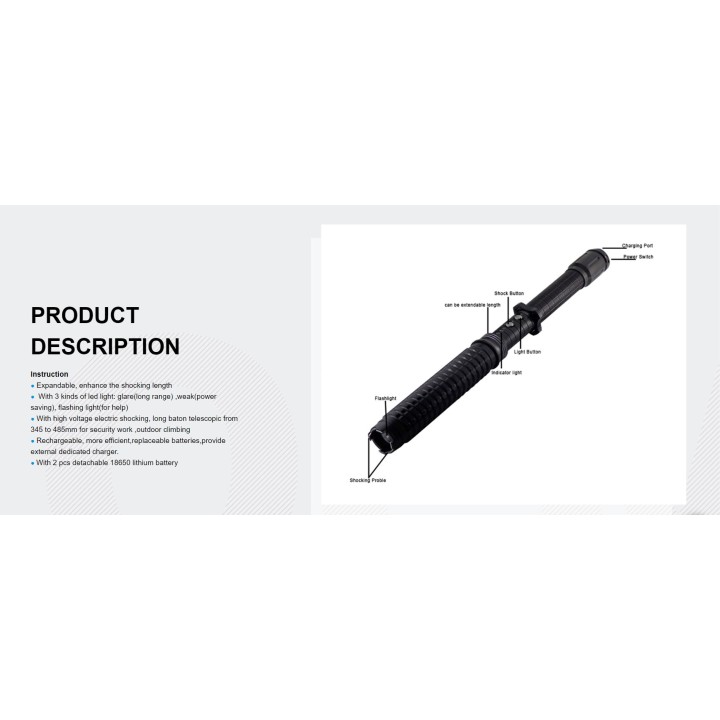 Torche matraque telescopique electrifiee shocker paralyseur taser rechargeable defense electrique
