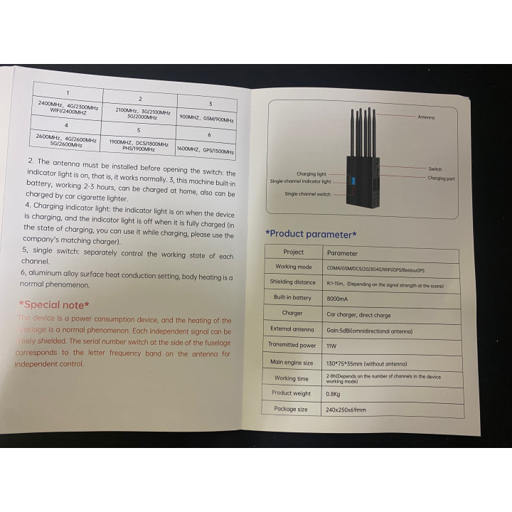 Portable gsm wave jammer 6 antennas blocker 2G 3G 4G WiFi 2400MHz gps 1500MHz 1600MHz dcs/1800MHz phs/1900MHz