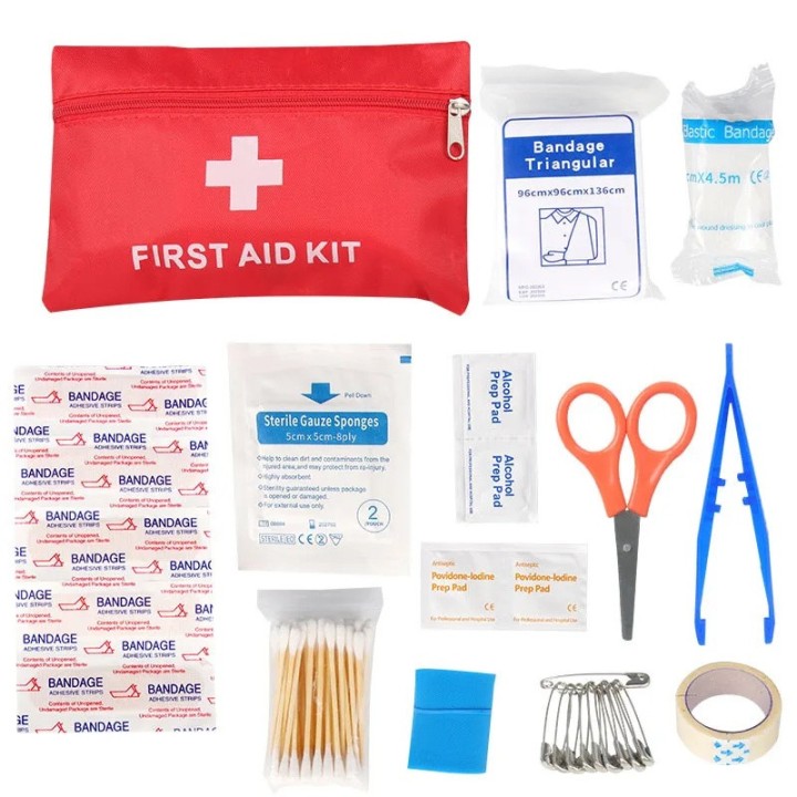 Trousse medicale premier secour pharmacie soin creme bande compresse ciseau alcool epingle gaze scot