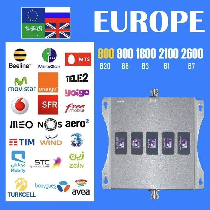 Amplificatore cellulare LTE a 5 bande B20 B8 B7 B3 B1 800 900 1800 2100 2600 MHz GSM DCS WCDMA