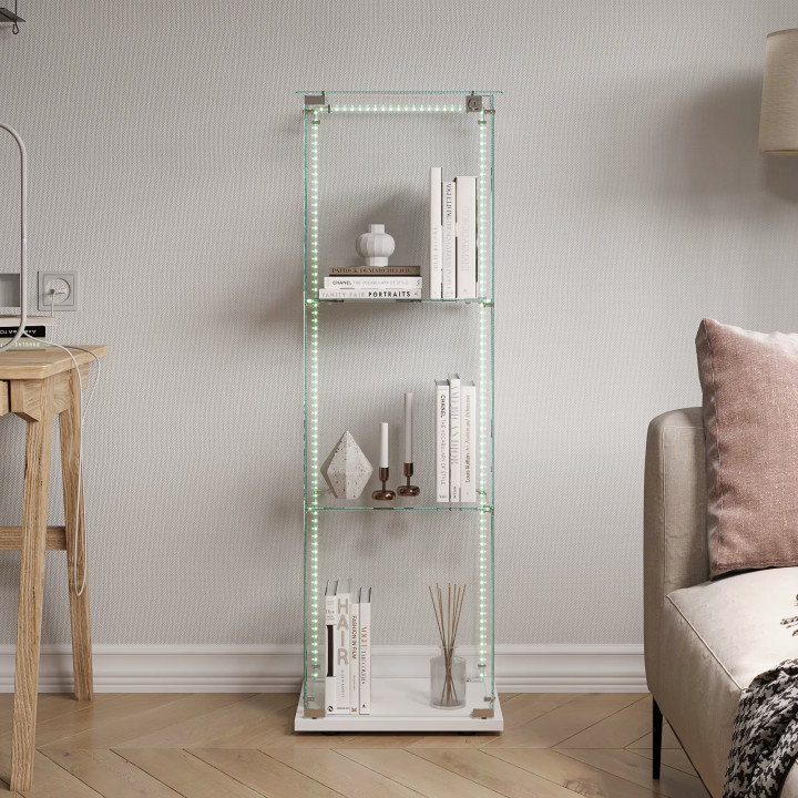 Vitrina de pared de cristal de 123,3 × 39,8 × 35 cm, 2 estantes, iluminación LED para tiendas, ferias y exposiciones