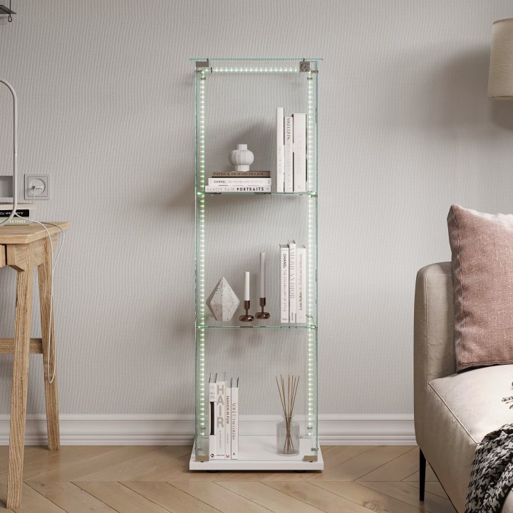 Vitrina de pared de cristal de 123,3 × 39,8 × 35 cm, 2 estantes, iluminación LED para tiendas, ferias y exposiciones