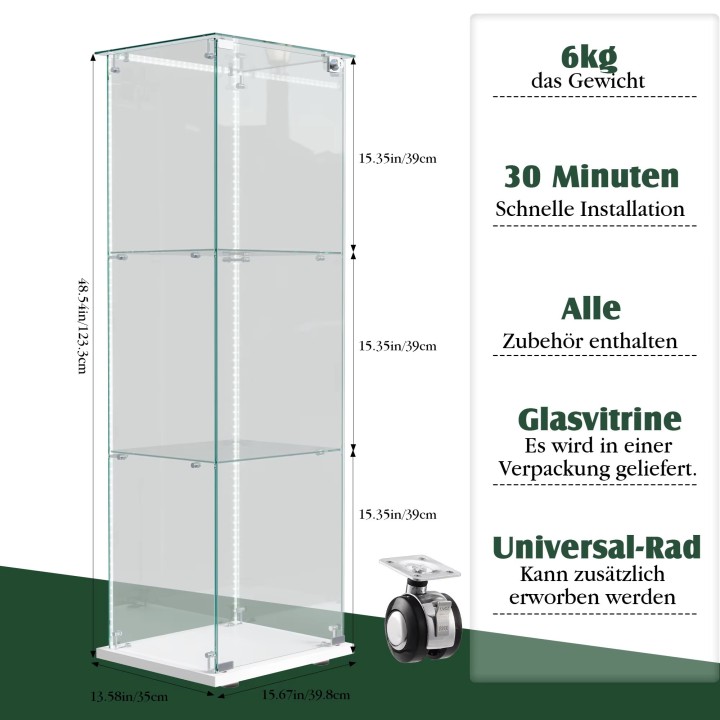 Glass Wall Display Case 123.3×39.8×35cm 2 Shelves LED Lighting for Stores, Trade Shows, Exhibitions