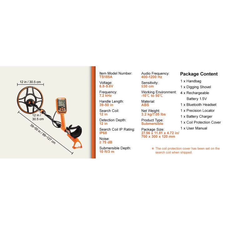 Metal detector subacqueo professionale TS185A da 12" ricaricabile e impermeabile, piastra impermeabile IP68