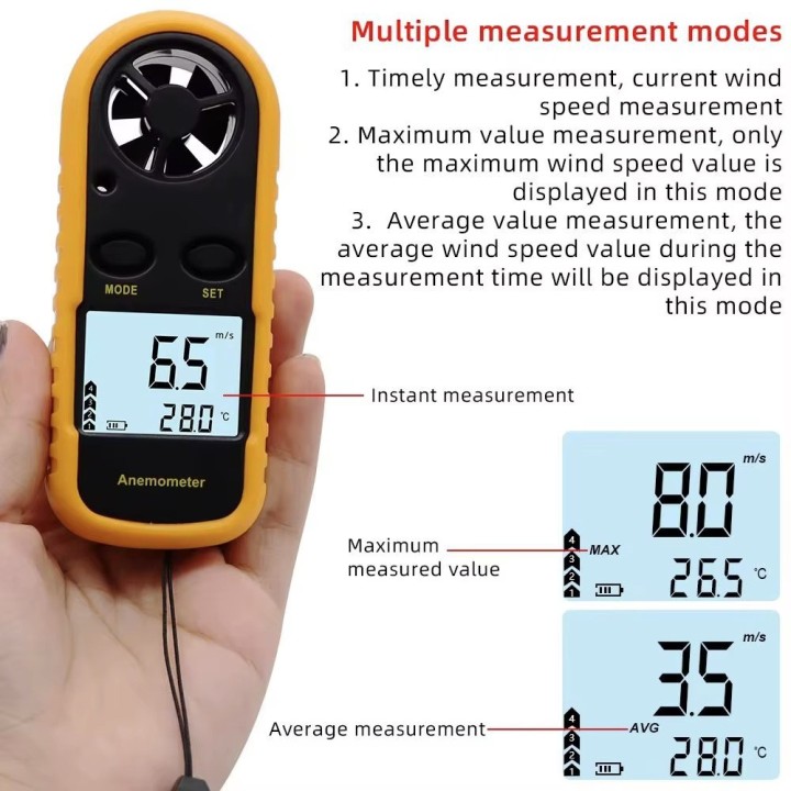 Anemometro digital medida velocidad viento termometro numerico pantalla lcd sport anenometer am02