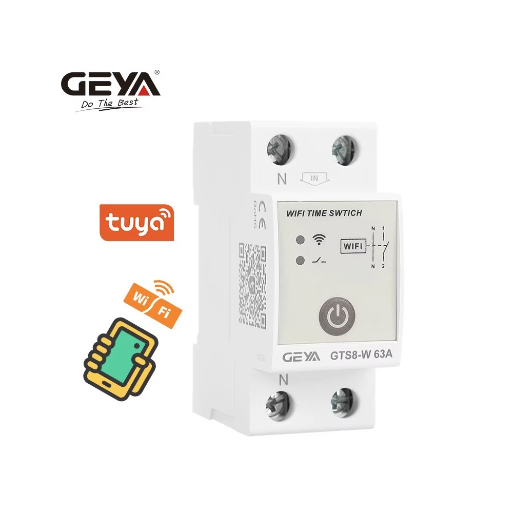 Interruptor de relé temporizador inteligente WiFi TUYA (2P, 40A/63A/80A, riel DIN) para hogares inteligentes – GTS8-W