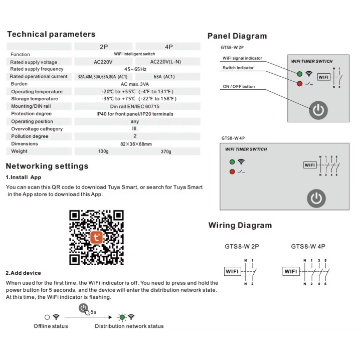 Commutateur relais TUYA WIFI temps intelligent 2P 40A 63A 80A Rail DIN pour maison intelligente  GTS8-W