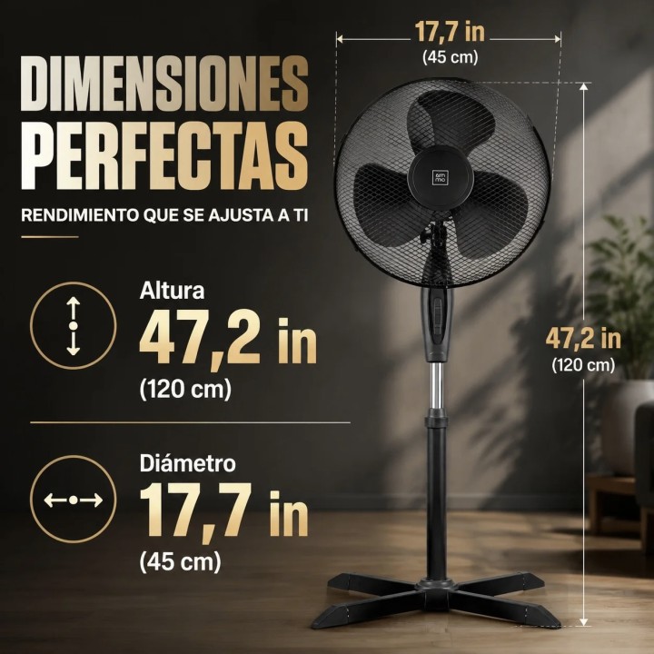 Ventilateur vertical noir de 45 cm de diamètre, hauteur réglable,