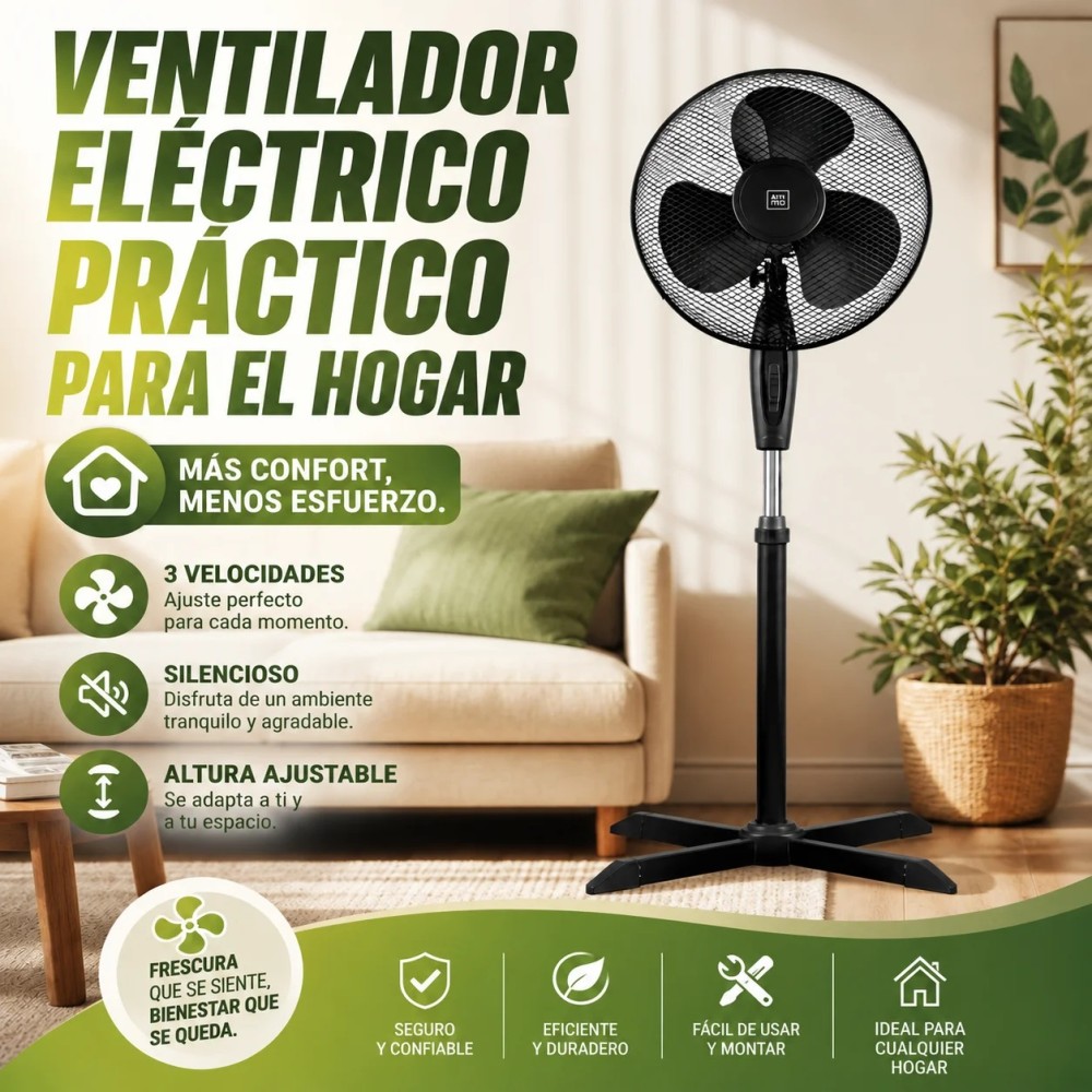 Ventilateur vertical noir de 45 cm de diamètre, hauteur réglable,