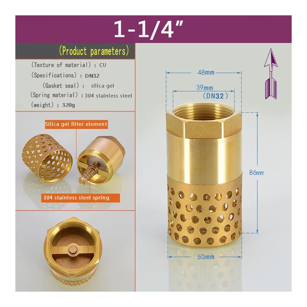 Brass BSP Female Non-Return Valve with All-Copper Strainer (39mm / DN32) for Water Pumps