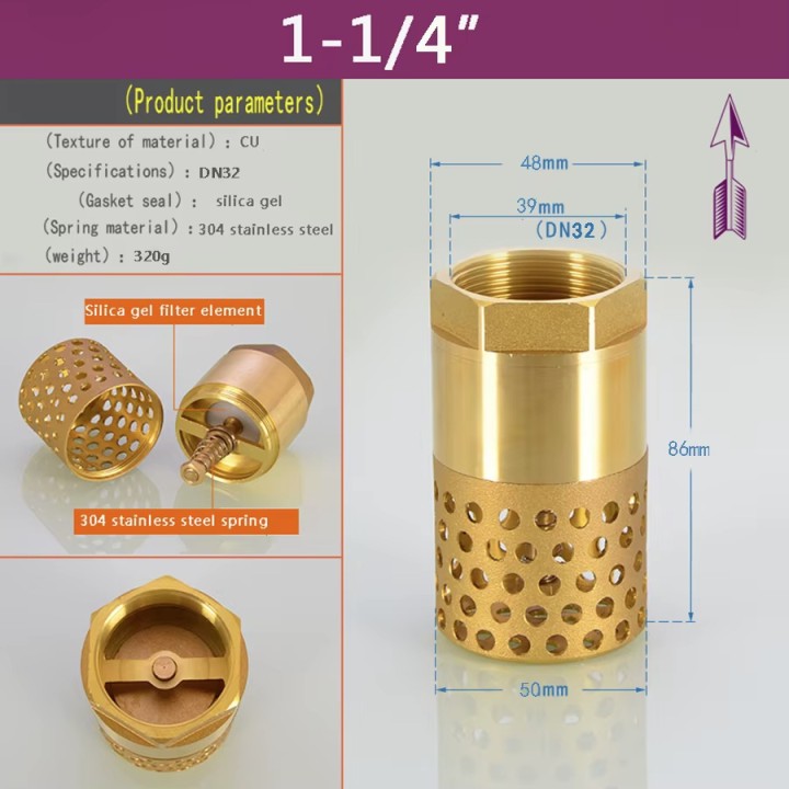 Brass BSP Female Non-Return Valve with All-Copper Strainer (39mm / DN32) for Water Pumps