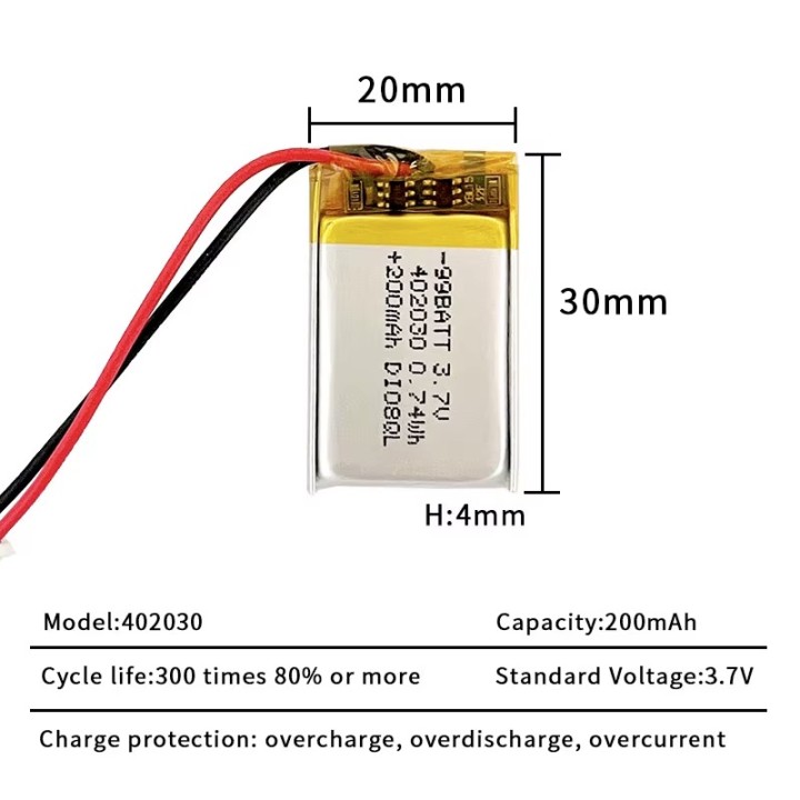 Batteria ricaricabile ai polimeri di litio da 3,7 V e 200 mAh per dispositivi portatili 402030 502030 40x20x30mm