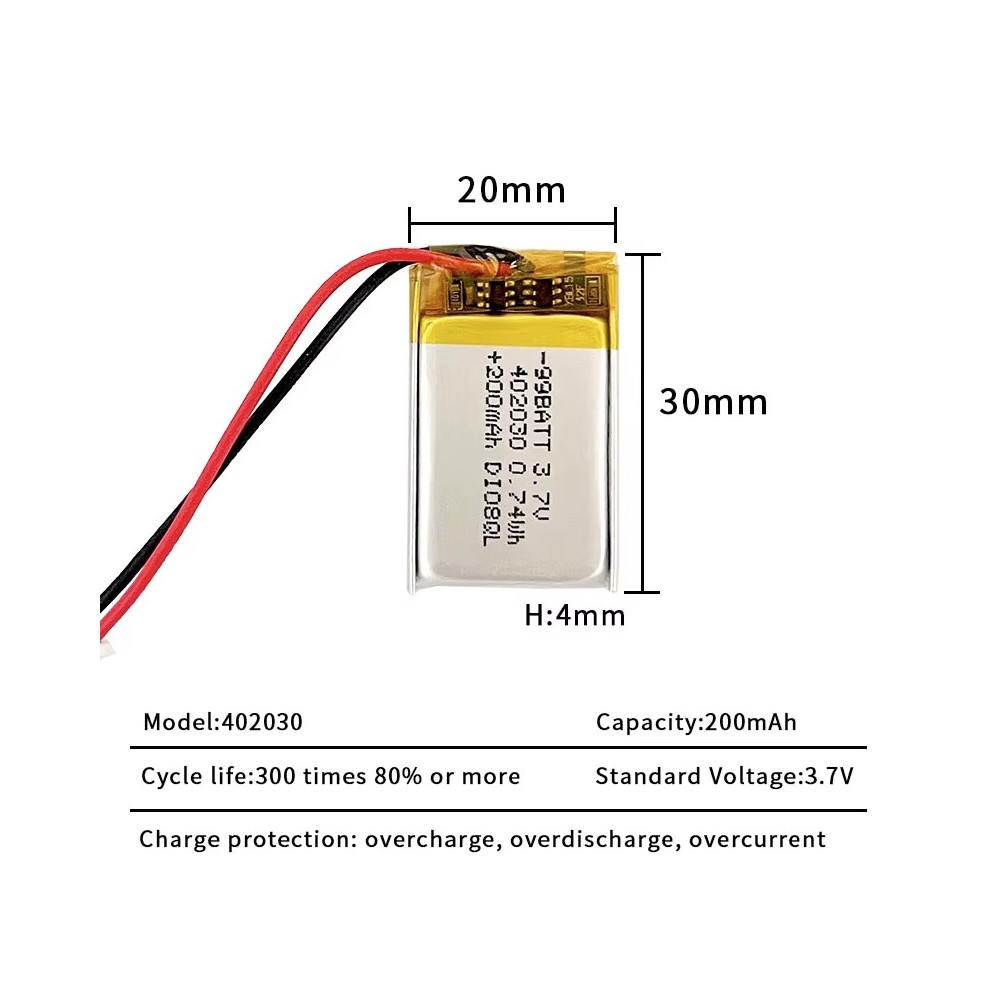 Batterie lithium polymère 200mAh 3,7v rechargeable périphériques portables 402030 502030 4/20/30mm