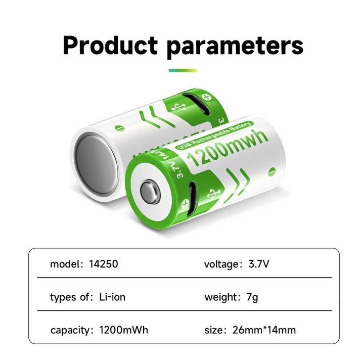 2 Wiederaufladbare Lithiumbatterie 14250 3,7 V 300 mAh ICR14250 1/2AA Taschenlampenkamera