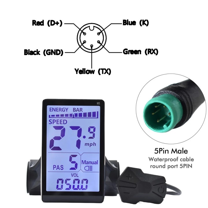 Wired M5 5-pin color LCD speedometer for electric scooters with USB and UART (24V/36V)