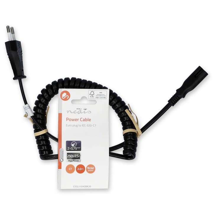 Câble spirale alimentation à prise européenne mâle droit iec-320-c7 2m spiralle vlep11042b20