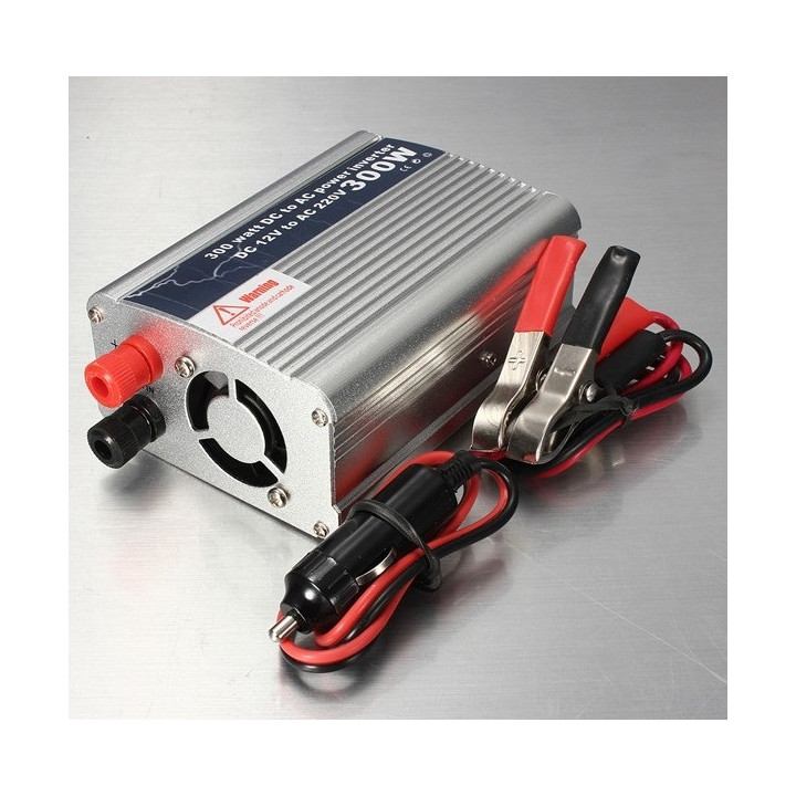 Converter 12v to 220v 300w 600w peak usb plug alligator clips and universal adapter jr international - 1
