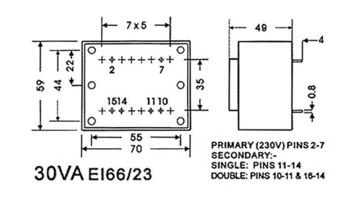 30VA transformer mold for mounting on printed circuit encap 1x18v tr / 1.667aei66 velleman - 1