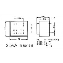 Mold transformer 2.5VA 1x9V - 1x0.278a velleman - 1